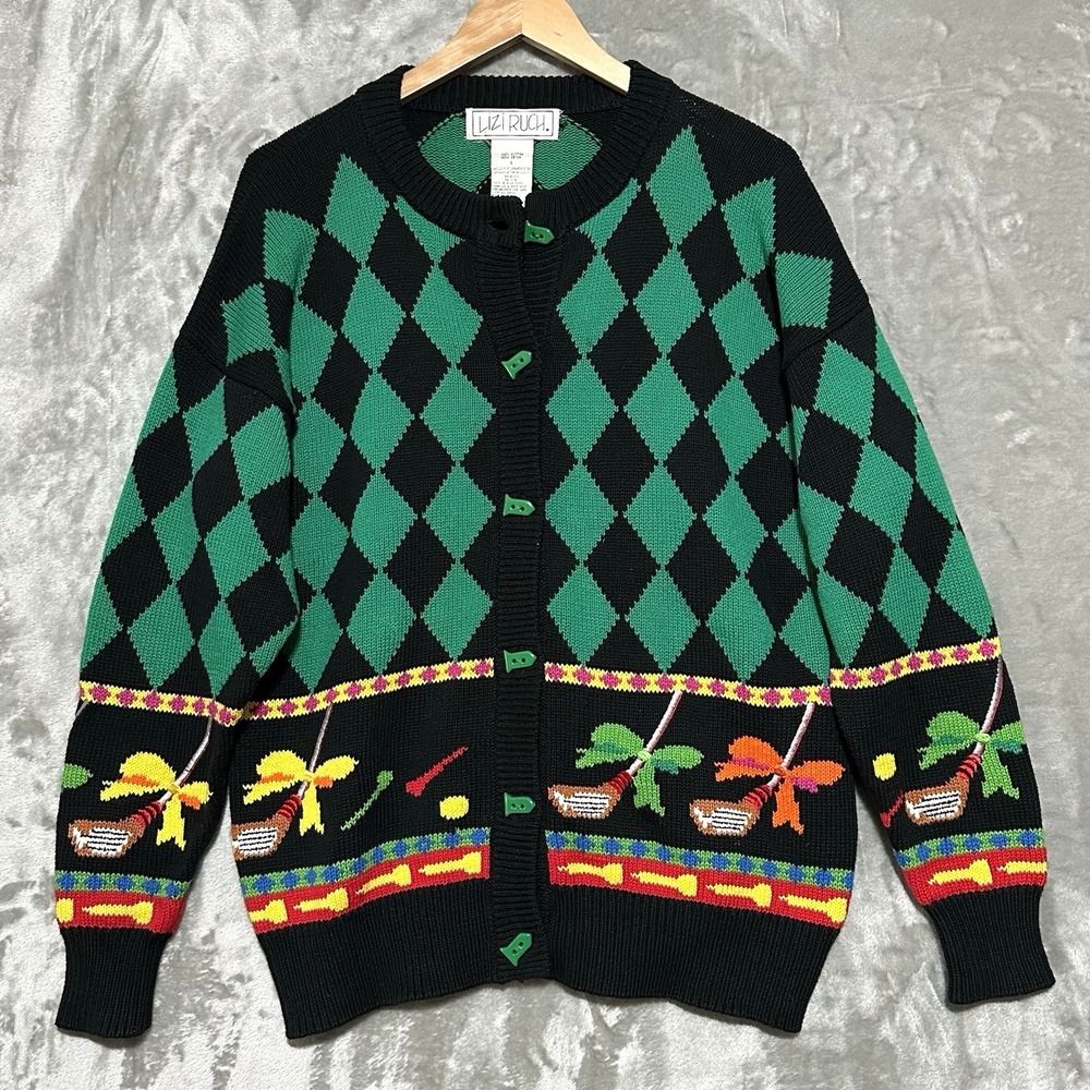 Vintage Womens Cardigan Sweater Quirky Argyle Golf Size Large Oversized Chunky